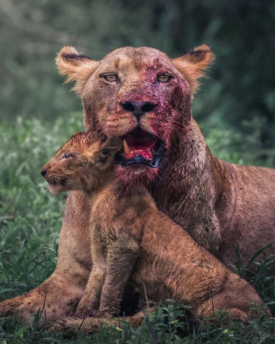 The Fierce Beauty of a Blood-Covered Lioness Protecting Her Cub